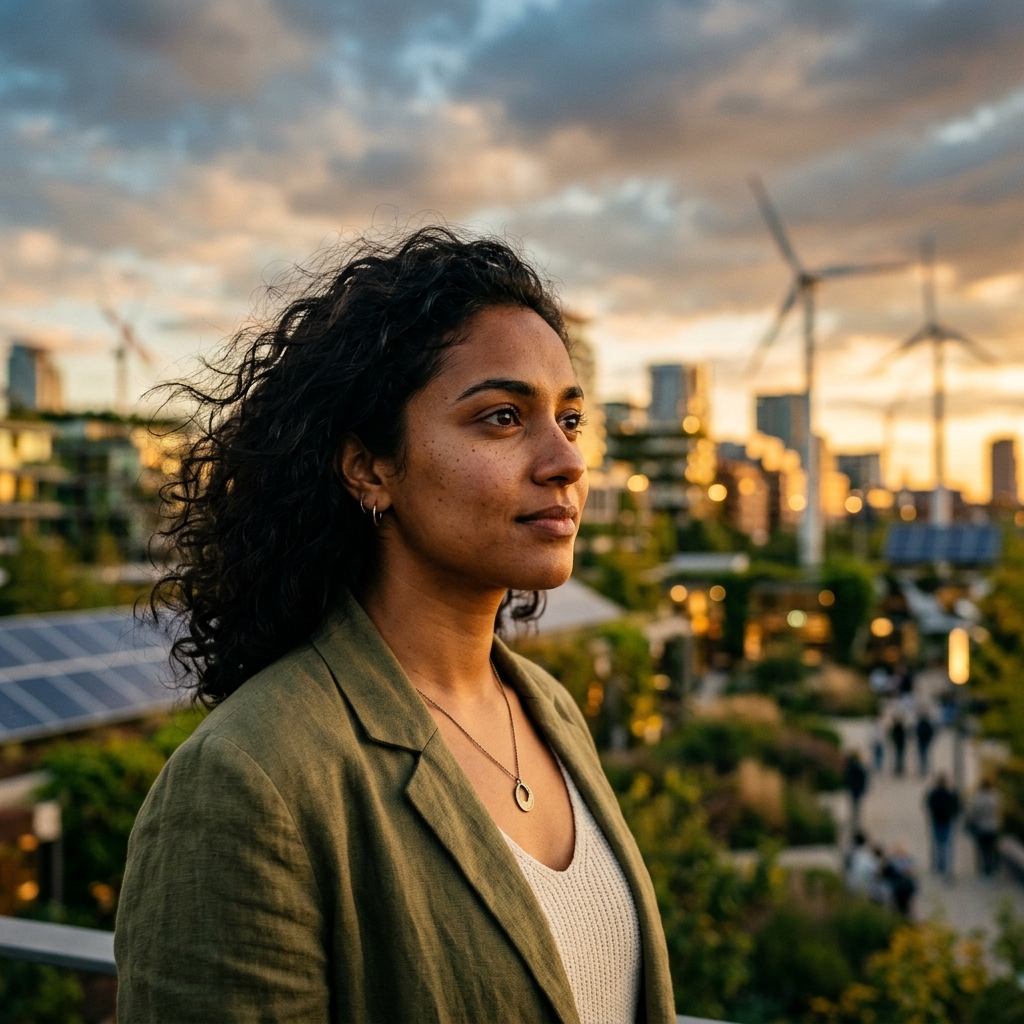 Youth climate leader with renewable energy landscape